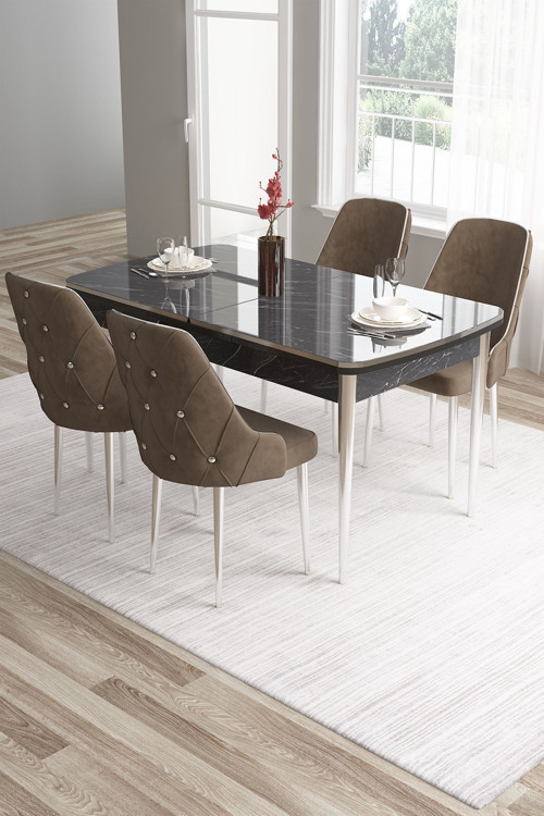 Concept Tia Serisi 80X132 Açılabilir Mdf Siyah Mermer Desen Krom Detay Masa Takımı Ve 4 Kahverengi Sandalye
