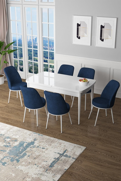 Zen Serisi 80x132 Mdf Açılabilir Beyaz Mutfak Masası Takımı Ve 6 Lacivert Sandalye