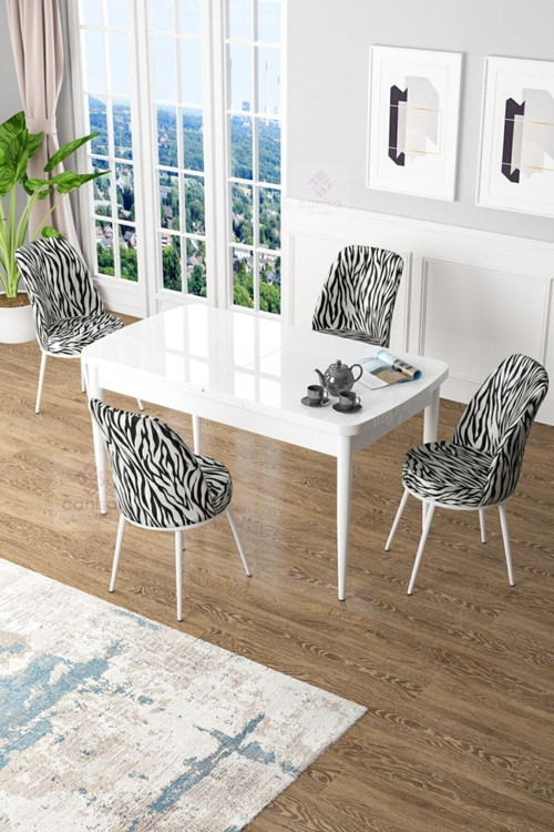 Zen Serisi 80x132 Mdf Açılabilir Beyaz Masa Takımı Ve 4 Zebra Sandalye