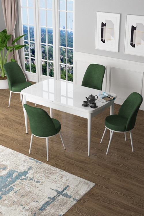 Zen Serisi 80x132 Mdf Açılabilir Beyaz Masa Takımı Ve 4 Haki Yeşil Sandalye