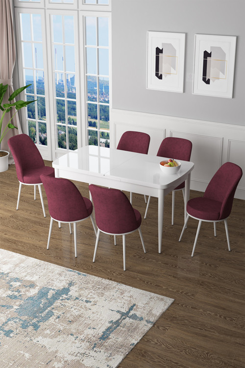 Concept Zen Serisi 80X132 Mdf Açılabilir Beyaz Mutfak Masası Takımı 6 Bordo Sandalye