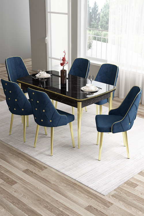 Concept Tia Serisi 80X132 Açılabilir Mdf Siyah Mermer Desen Gold Detay Masa Takımı Ve 6 Lacivert Sandalye
