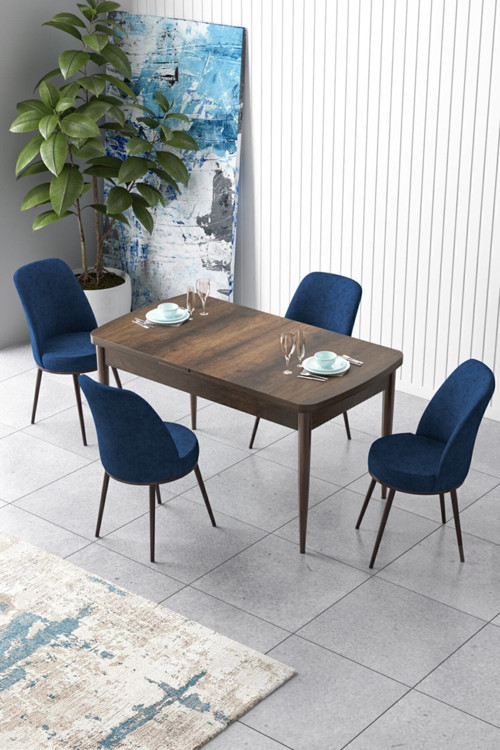 Zen Serisi 80x132 Mdf Açılabilir Barok Ahşap Desen Masa Takımı Ve 4 Lacivert Sandalye