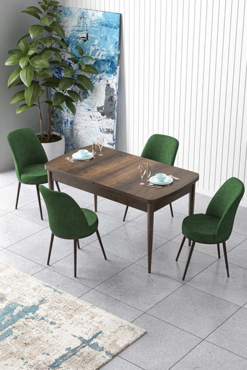 Zen Serisi 80x132 Mdf Açılabilir Barok Ahşap Desen Masa Takımı Ve 4 Haki Yeşil Sandalye
