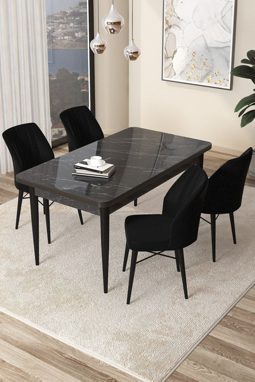 Arp Serisi 70x110 Sabit Mutfak Masası Takımı Siyah Mermer Desen Masa 4 Siyah Sandalye
