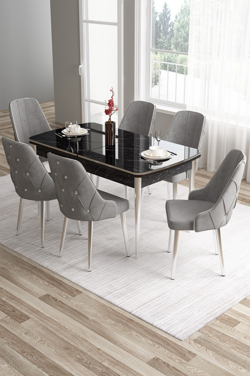 Concept Tia Serisi 80X132 Açılabilir Mdf Siyah Mermer Desen Krom Detay Yemek Odası Takımı Ve 6 Gri Sandalye