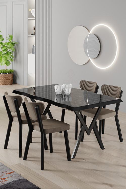 Concept Akort Serisi Mdf Sabit 80X130 Siyah Mermer Desen Mutfak Masası Takımı 4 Cappucino Sandalye