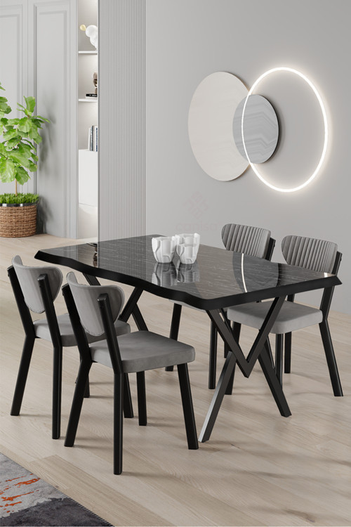 Concept Akort Serisi Mdf Sabit 80X130 Siyah Mermer Desen Mutfak Masası Takımı 4 Gri Sandalye