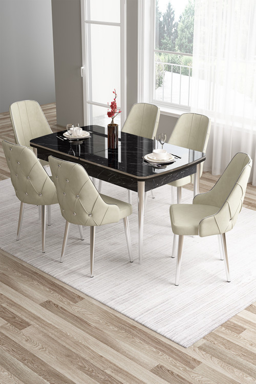 Concept Tia Serisi 80X132 Açılabilir Mdf Siyah Mermer Desen Krom Detay Yemek Odası Takımı Ve 6 Krem Sandalye