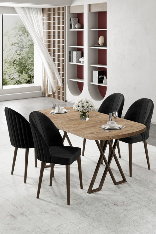 Concept Kaye Serisi Mdf 90X168 Atlantik Çam Mutfak Masa Takımı 4 Siyah Sandalye