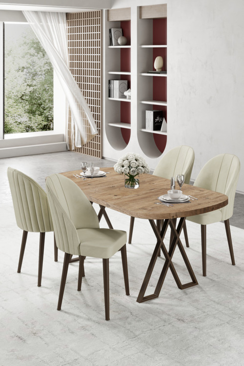 Concept Kaye Serisi Mdf 90X168 Atlantik Çam Mutfak Masa Takımı 4 Krem Sandalye