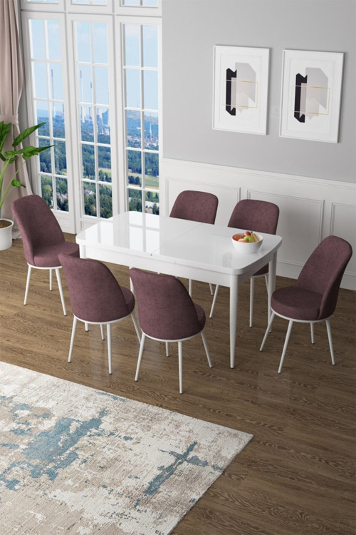 Zen Serisi 80x132 Mdf Açılabilir Beyaz Mutfak Masası Takımı Ve 6 Gül Kurusu Sandalye