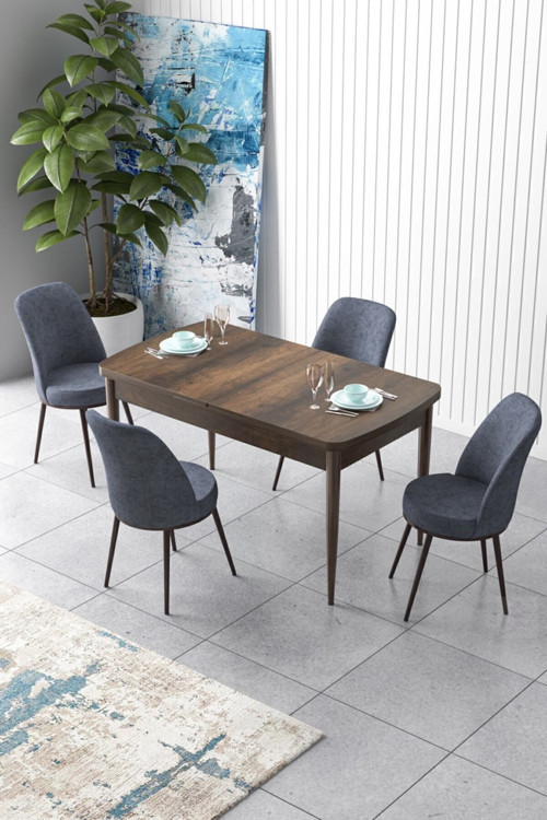 Zen Serisi 80x132 Mdf Açılabilir Barok Ahşap Desen Masa Takımı Ve 4 Füme Sandalye