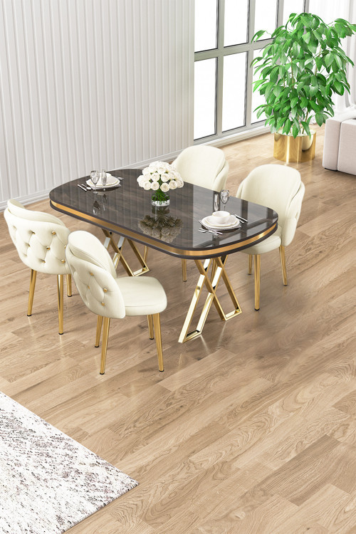 Concept Zae Serisi 90X168 Lak Panel Antrasit Ironi Gold Ayak Masa Takımı 4 Krem Sandalye