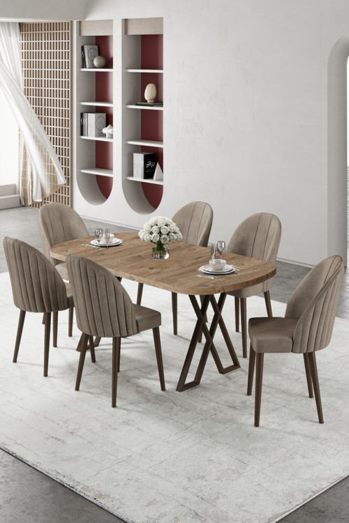Concept Kaye Serisi Mdf 90X168 Atlantik Çam Mutfak Masa Takımı 6 Sandalye