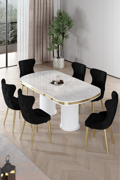 Concept Galya Serisi Lak Panel 90X168 Sabit Beyaz Mermer Desen Mutfak Masa Takımı 6 Siyah Sandalye