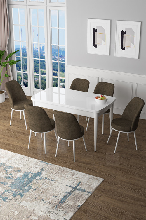Concept Zen Serisi 80X132 Mdf Açılabilir Beyaz Masa Takımı Ve 6 Kahverengi Sandalye