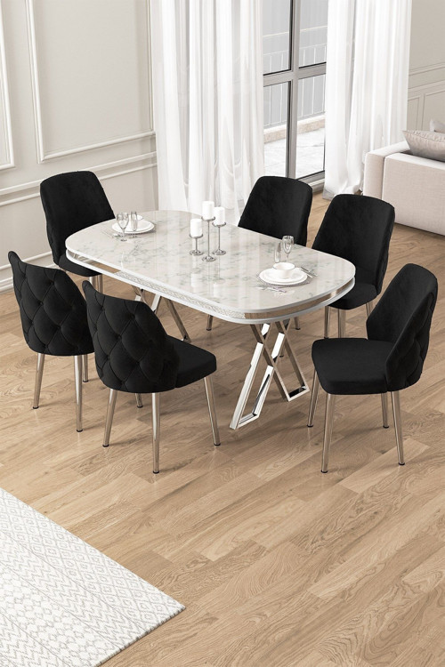 Concept Afe Serisi 90X168 Lak Panel Beyaz Mermer Desen Krom Ayak Masa Takımı 6 Siyah Sandalye