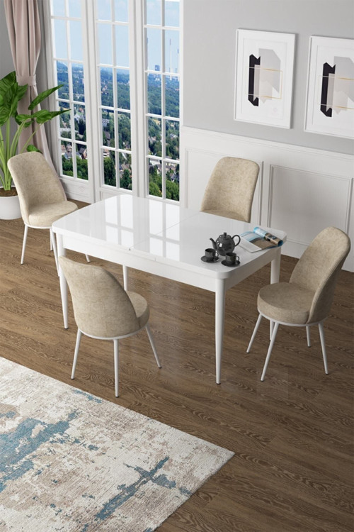Zen Serisi 80x132 Mdf Açılabilir Beyaz Masa Takımı Ve 4 Krem Sandalye