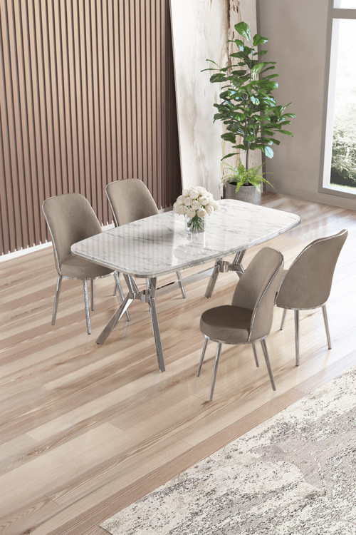 Concept Lena Serisi 90X160 Beyaz Mermer Desen Krom Kaplama Ayaklı Masa Takımı Ve 4 Cappucino Sandalye