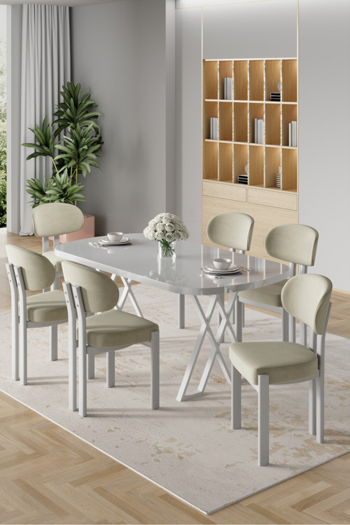 Concept Radon Serisi Mdf 90X168 Sabit Beyaz Mutfak Masası Takımı 6 Krem Sandalye