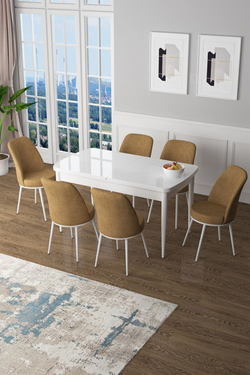 Zen Serisi 80x132 Mdf Açılabilir Beyaz Mutfak Masası Takımı Ve 6 Cappucino Sandalye