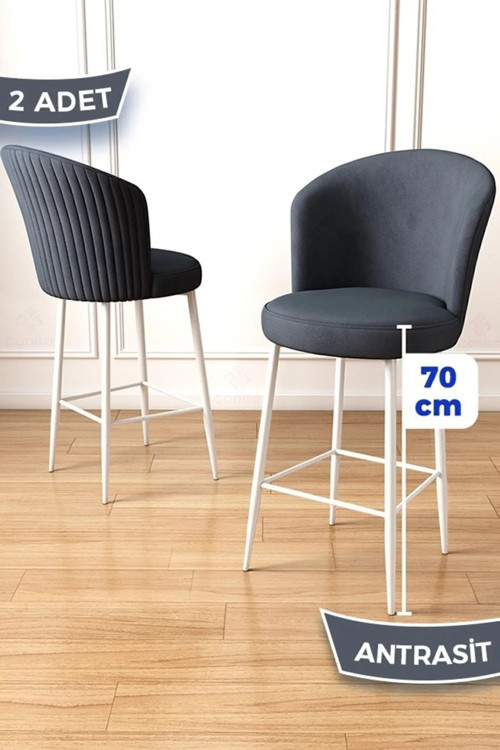 Concept Fora Serisi 2 Adet Antrasit Sandalye Ada Mutfak Bar Sandalyesi Beyaz Metal Ayaklı Babyface Kumaşlı