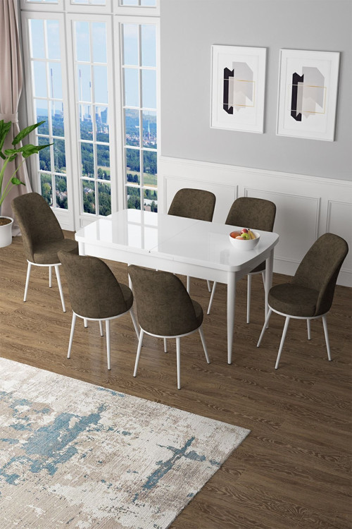 Zen Serisi 80x132 Mdf Açılabilir Beyaz Mutfak Masası Takımı Ve 6 Kahverengi Sandalye