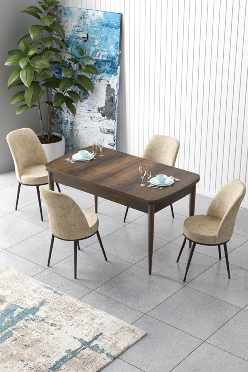 Zen Serisi 80x132 Mdf Açılabilir Barok Ahşap Desen Masa Takımı Ve 4 Krem Sandalye