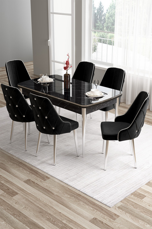 Concept Tia Serisi 80X132 Açılabilir Mdf Siyah Mermer Krom Detay Yemek Odası Takımı Ve 6 Siyah Sandalye
