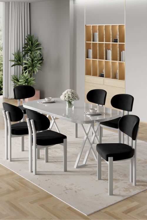Concept Radon Serisi Mdf 90X168 Sabit Beyaz Mutfak Masası Takımı 6 Siyah Sandalye