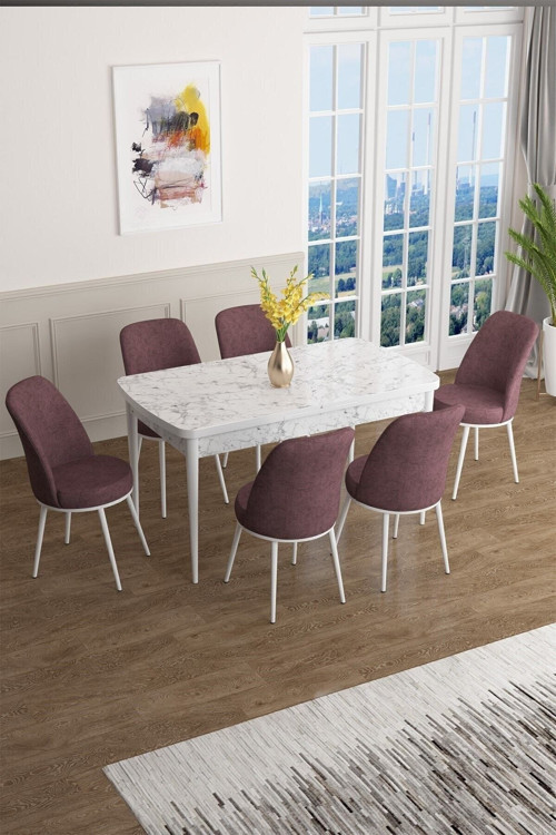 Concept Han Serisi 70X114 Açılabilir Mdf Mutfak Masası Takımı Beyaz Mermer Desen Masa 6 Gül Kurusu Sandalye