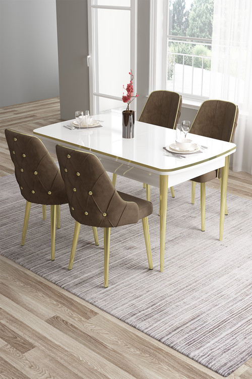 Concept Tia Serisi 80X132 Açılabilir Mdf Mutfak Masası Takımı Beyaz Masa Gold Detay 4 Kahverengi Sandalye