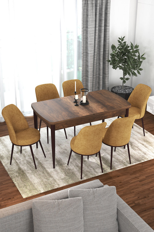 Zen Serisi 80x132 MDF Açılabilir Barok Ahşap Desen Masa Takımı ve 6 Cappucino Sandalye
