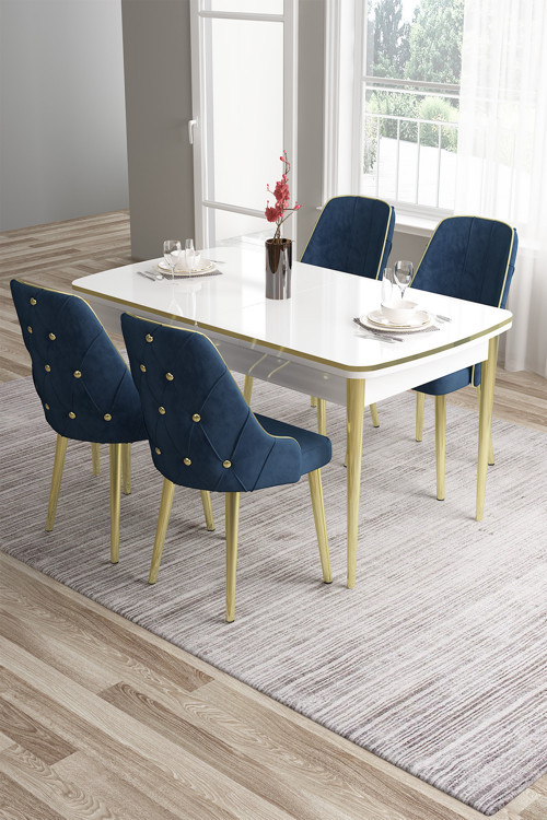 Concept Tia Serisi 80X132 Açılabilir Mdf Mutfak Masası Takımı Beyaz Masa Gold Detay 4 Lacivert Sandalye