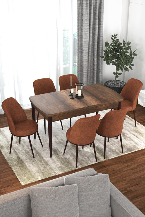 Zen Serisi 80x132 MDF Açılabilir Barok Ahşap Desen Masa Takımı ve 6 Kiremit Sandalye