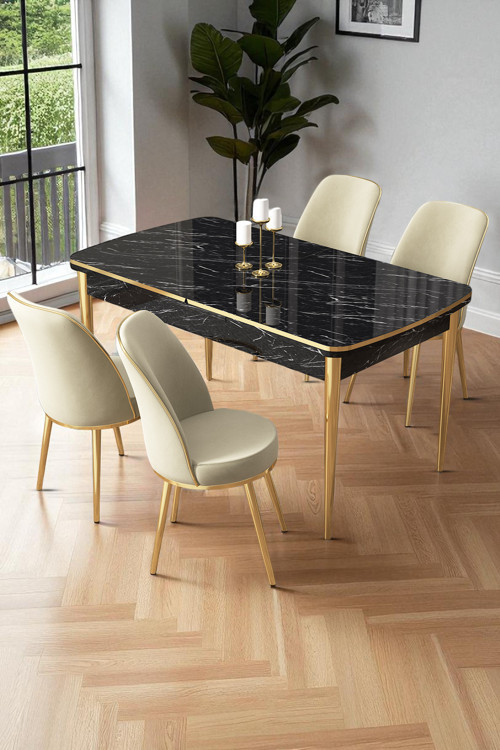 Concept Nira Serisi 70X114 Mdf Siyah Mermer Desen Mutfak Masa Takımı 4 Krem Sandalye Gold Detay