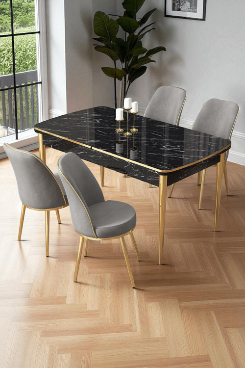 Concept Nira Serisi 70X114 Mdf Siyah Mermer Desen Mutfak Masa Takımı 4 Gri Sandalye Gold Detay