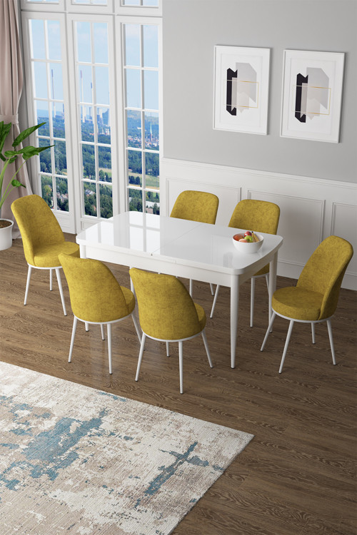 Zen Serisi 80x132 Mdf Açılabilir Beyaz Mutfak Masası Takımı Ve 6 Hardal Sandalye