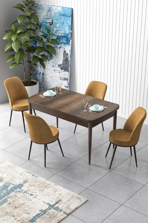 Concept Zen Serisi 80X132 Mdf Açılabilir Barok Ahşap Desen Masa Takımı Ve 4 Cappucino Sandalye