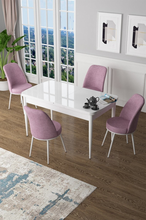 Zen Serisi 80x132 Mdf Açılabilir Beyaz Masa Takımı Ve 4 Pembe Sandalye