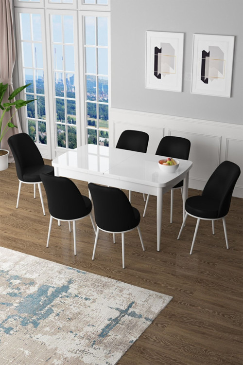 Zen Serisi 80x132 Mdf Açılabilir Beyaz Mutfak Masası Takımı Ve 6 Siyah Sandalye