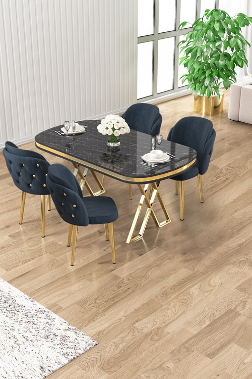 Concept Zae Serisi 90X168 Lak Panel Siyah Mermer Desen Gold Ayak Masa Takımı 4 Antrasit Sandalye