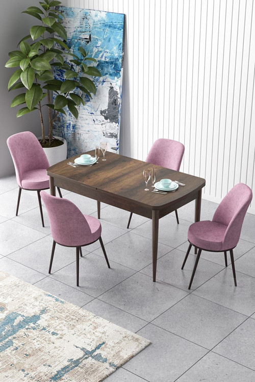 Zen Serisi 80x132 Mdf Açılabilir Barok Ahşap Desen Masa Takımı Ve 4 Pembe Sandalye