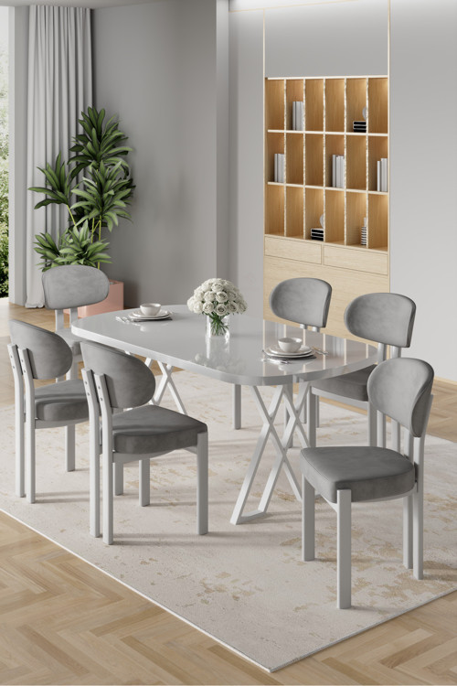 Concept Radon Serisi Mdf 90X168 Sabit Beyaz Mutfak Masası Takımı 6 Gri Sandalye