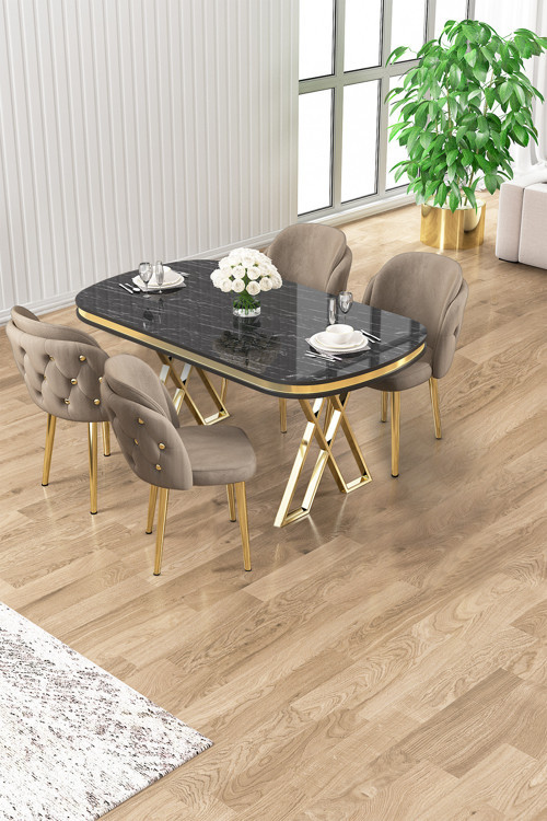 Concept Zae Serisi 90X168 Lak Panel Siyah Mermer Desen Gold Ayak Masa Takımı 4 Cappucino Sandalye