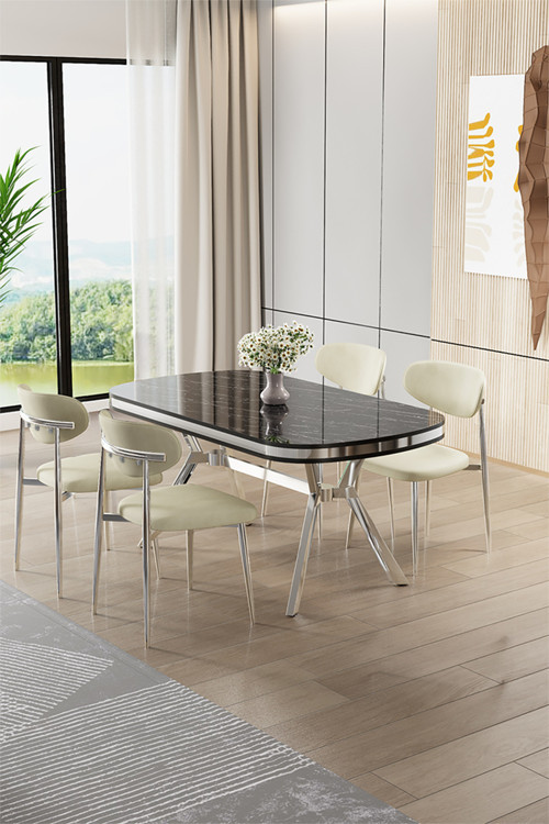 Concept Olya Serisi 90X168 Lak Panel Sonata Masa Takımı Krom Ayaklı 4 Krem Sandalye