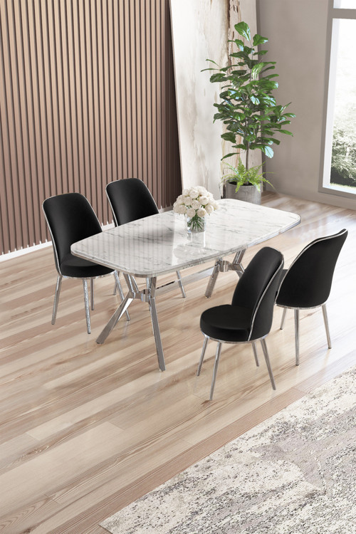 Concept Lena Serisi 90X160 Lak Panel Beyaz Mermer Desen Kromkaplama Ayaklı Masa Takımı Ve 4 Siyahsandalye
