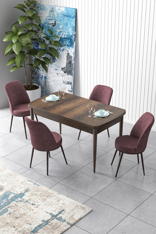 Zen Serisi 80x132 Mdf Açılabilir Barok Ahşap Desen Masa Takımı Ve 4 Gül Kurusu Sandalye