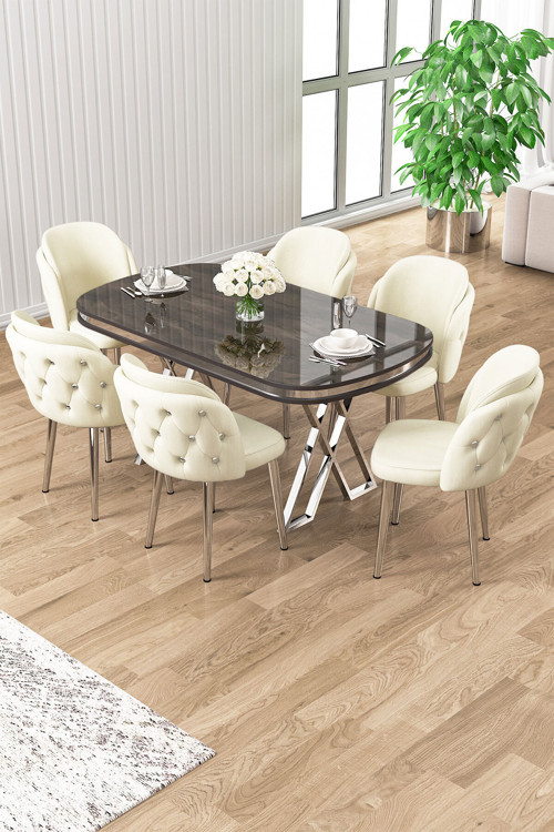 Concept Zae Serisi 90X168 Lak Panel Antrasit Ironi Krom Ayak Masa Takımı 6 Krem Sandalye